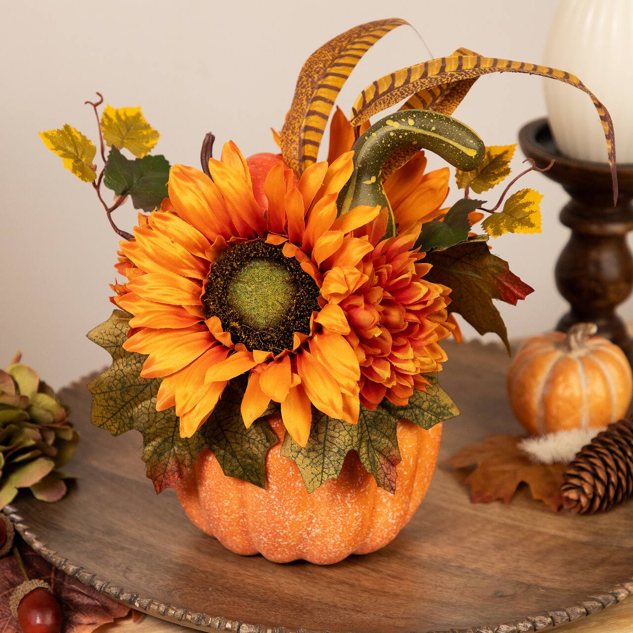 10" Autumn Harvest Pumpkin with Sunflowers, Mums & Pine Cones Décor